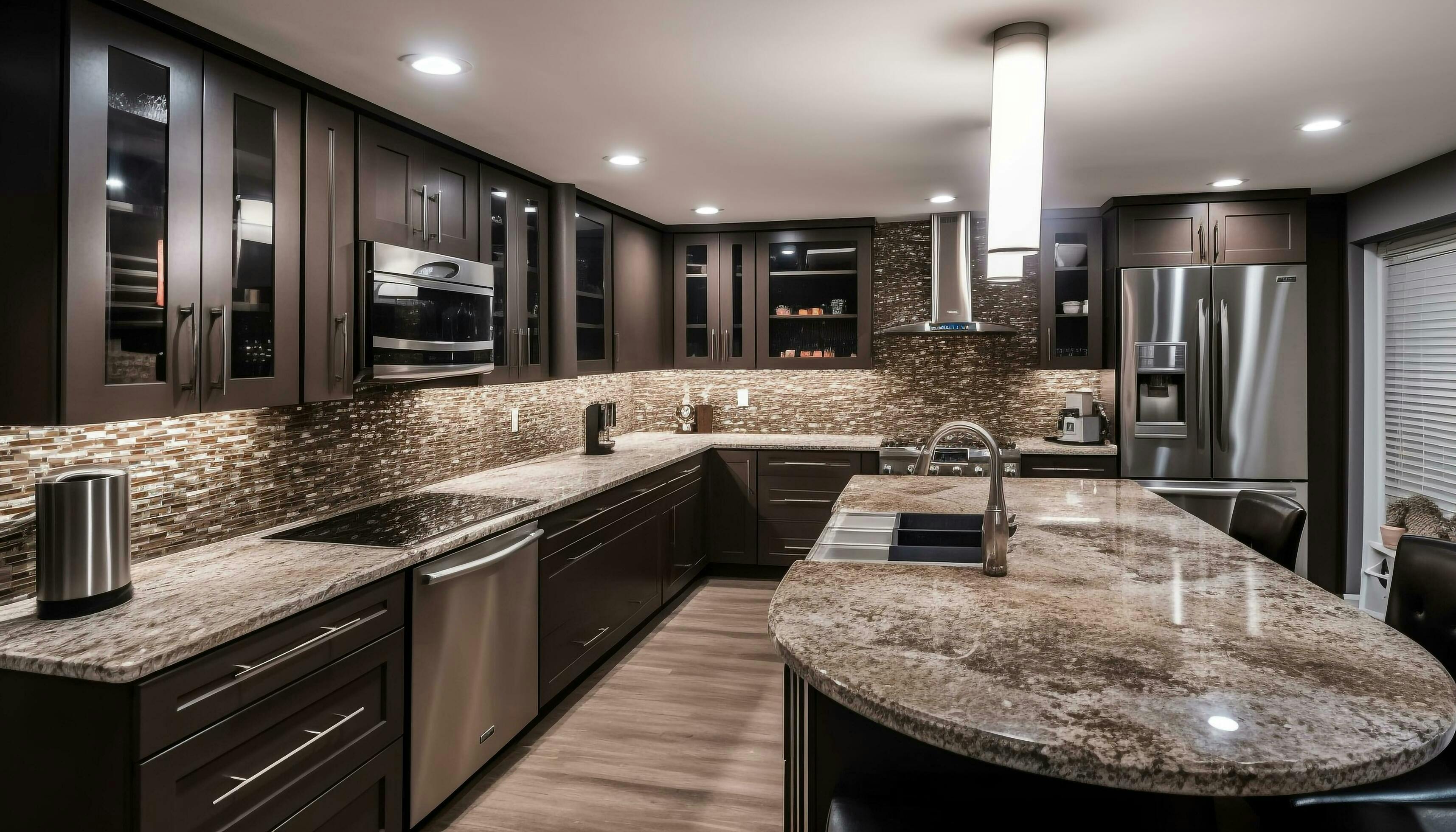 Remodeled kitchen with gray granite countertops and brown wooden cabinets
